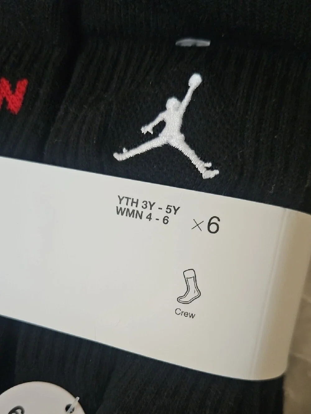 Jordan Youth Black Crew Socks with Red Logo Accents - 6 Pack